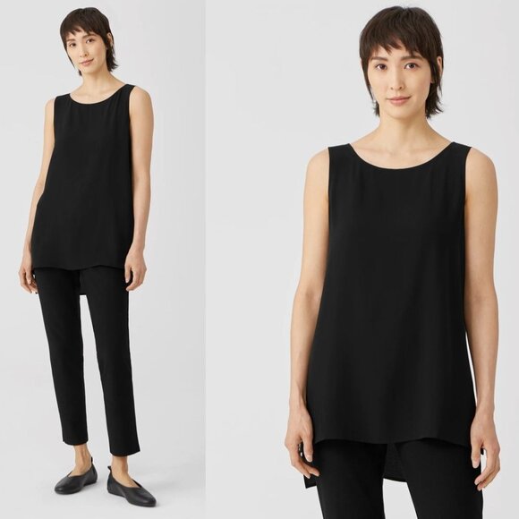 Eileen Fisher 100% Silk Georgette Crepe Bateau Tunic Tank Top High Low Black Med - Picture 1 of 7